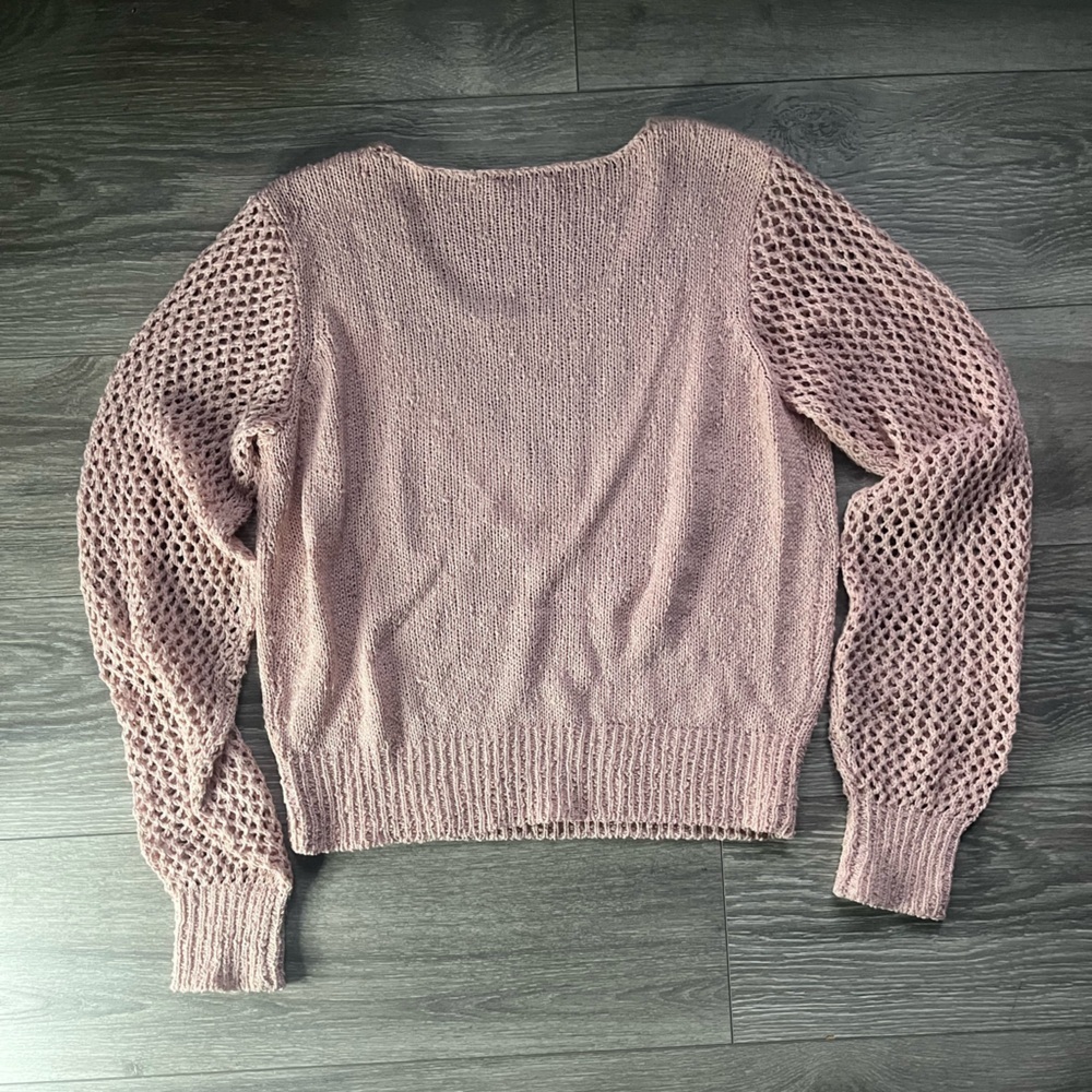 Show Me Your Mumu Pink Brown Knit Crochet Bubbly Sleeve V Neck Sweater Size S - Picture 2 of 8